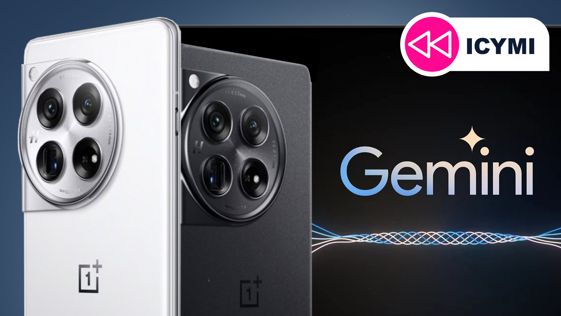 Two OnePlus 12 phones and a laptop running Google Gemini on a blue background