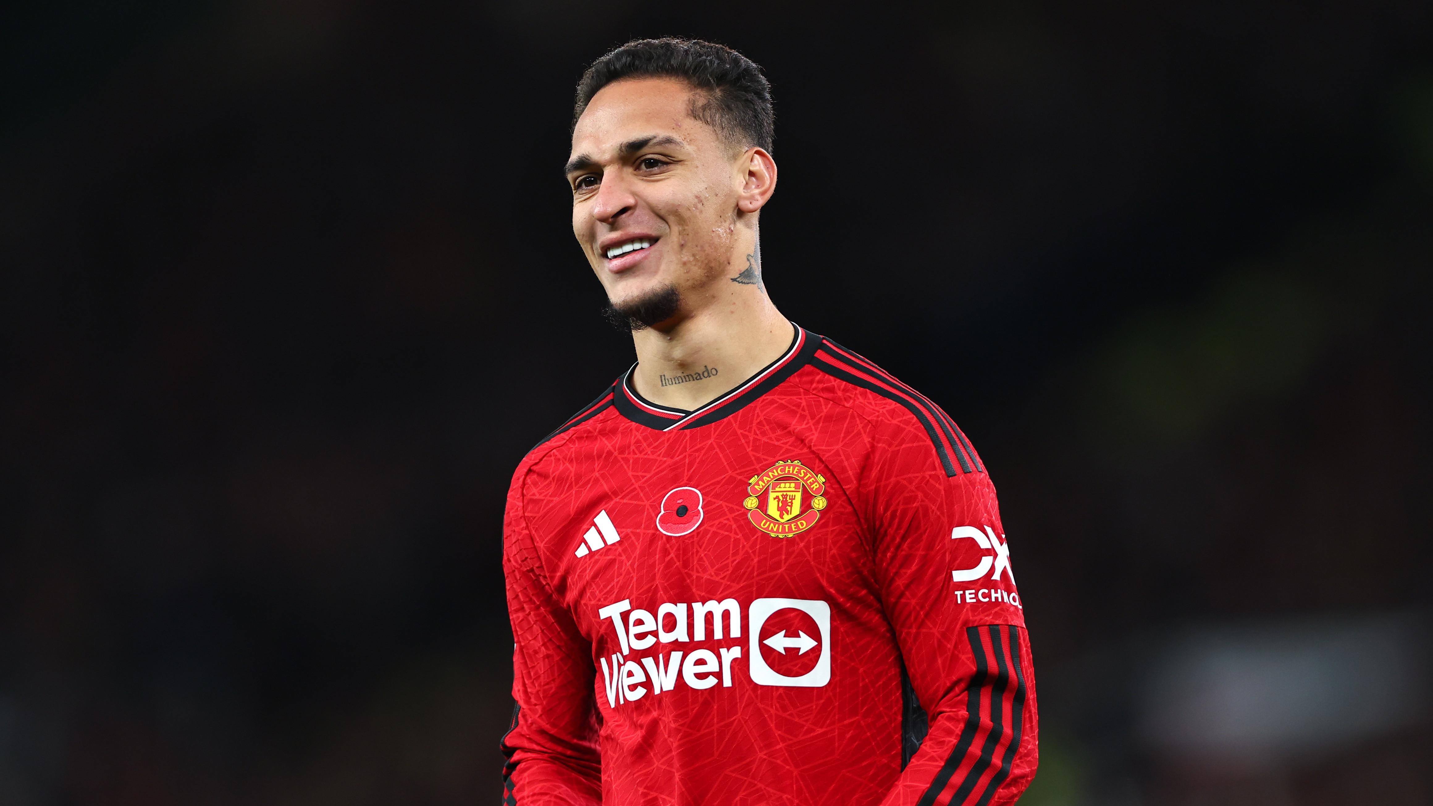 Antony of Manchester United wearing the iconic red home kit ahead of the Man Utd vs Chelsea live stream in the Premier League 2023