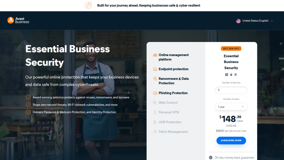 Website screenshot of Avast Business Antivirus (February, 2026)