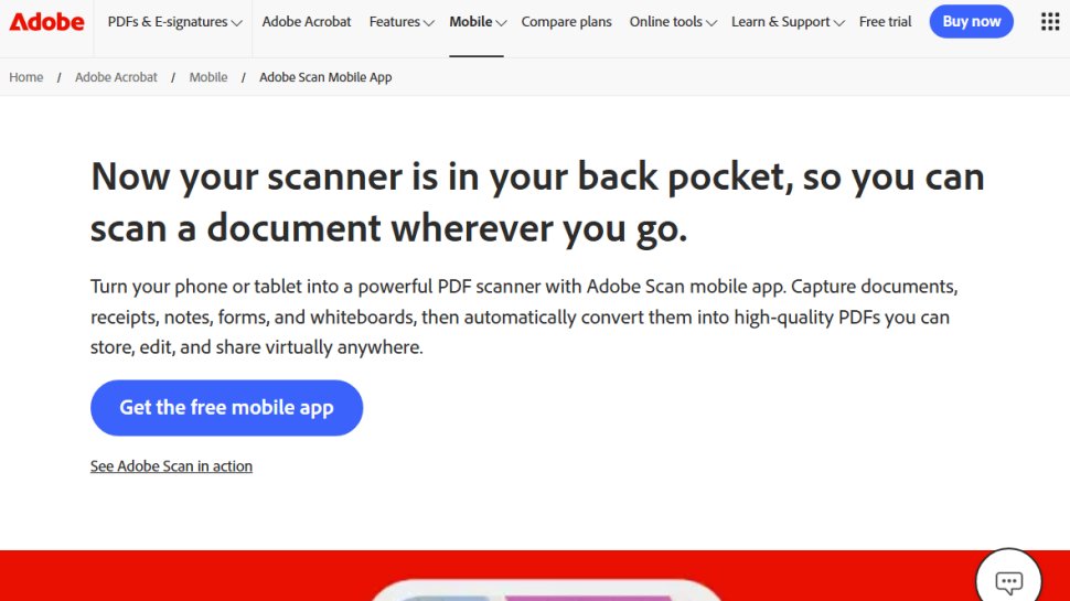 Website screenshot of Adobe Scan (November, 2025)