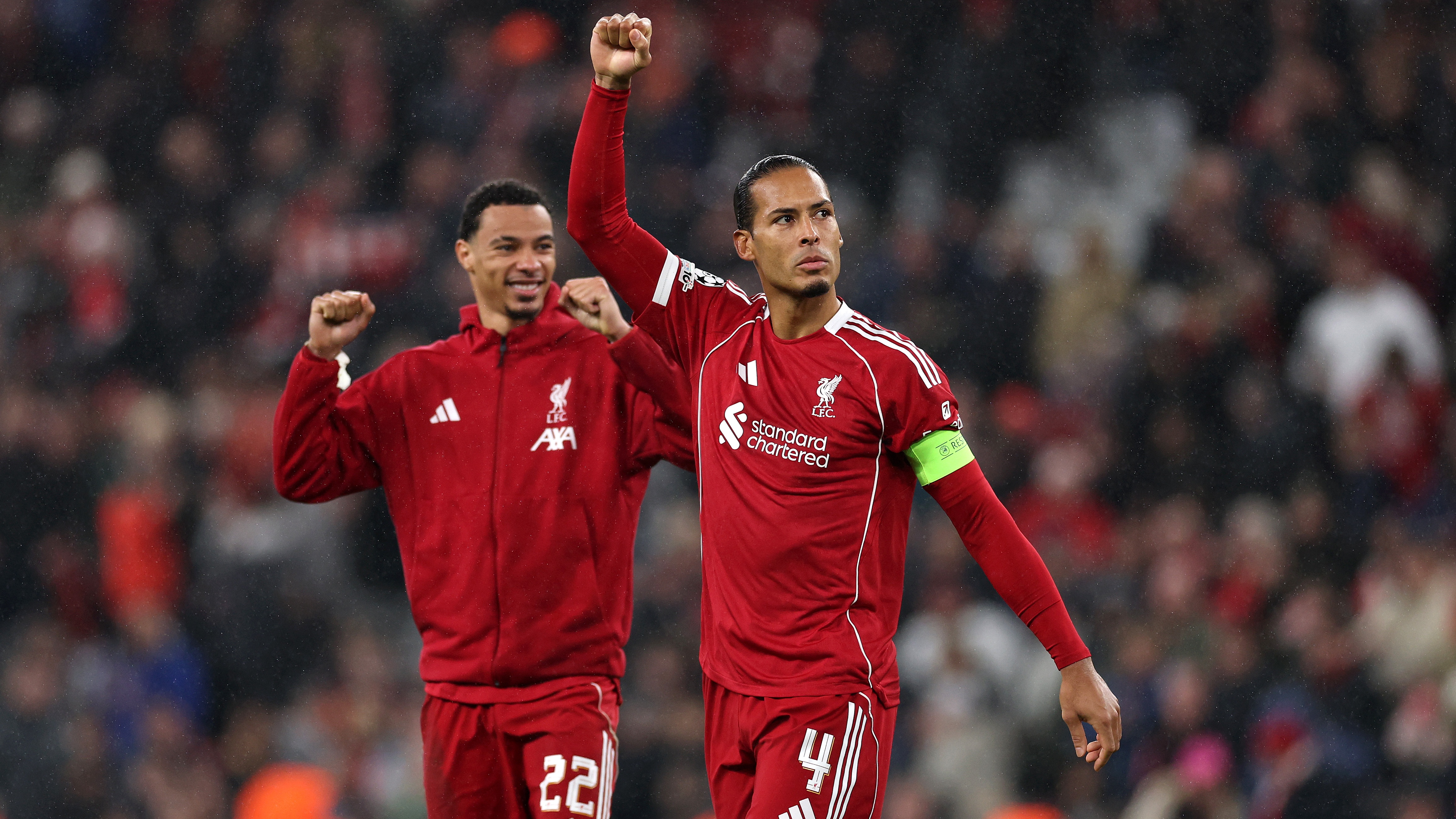 Virgil van Dijk of Liverpool celebrates after the team's victory in the UEFA Champions League 2025/26 League Phase MD4 match between Liverpool FC and Real Madrid C.F. at Anfield on November 04, 2025 in Liverpool, England.