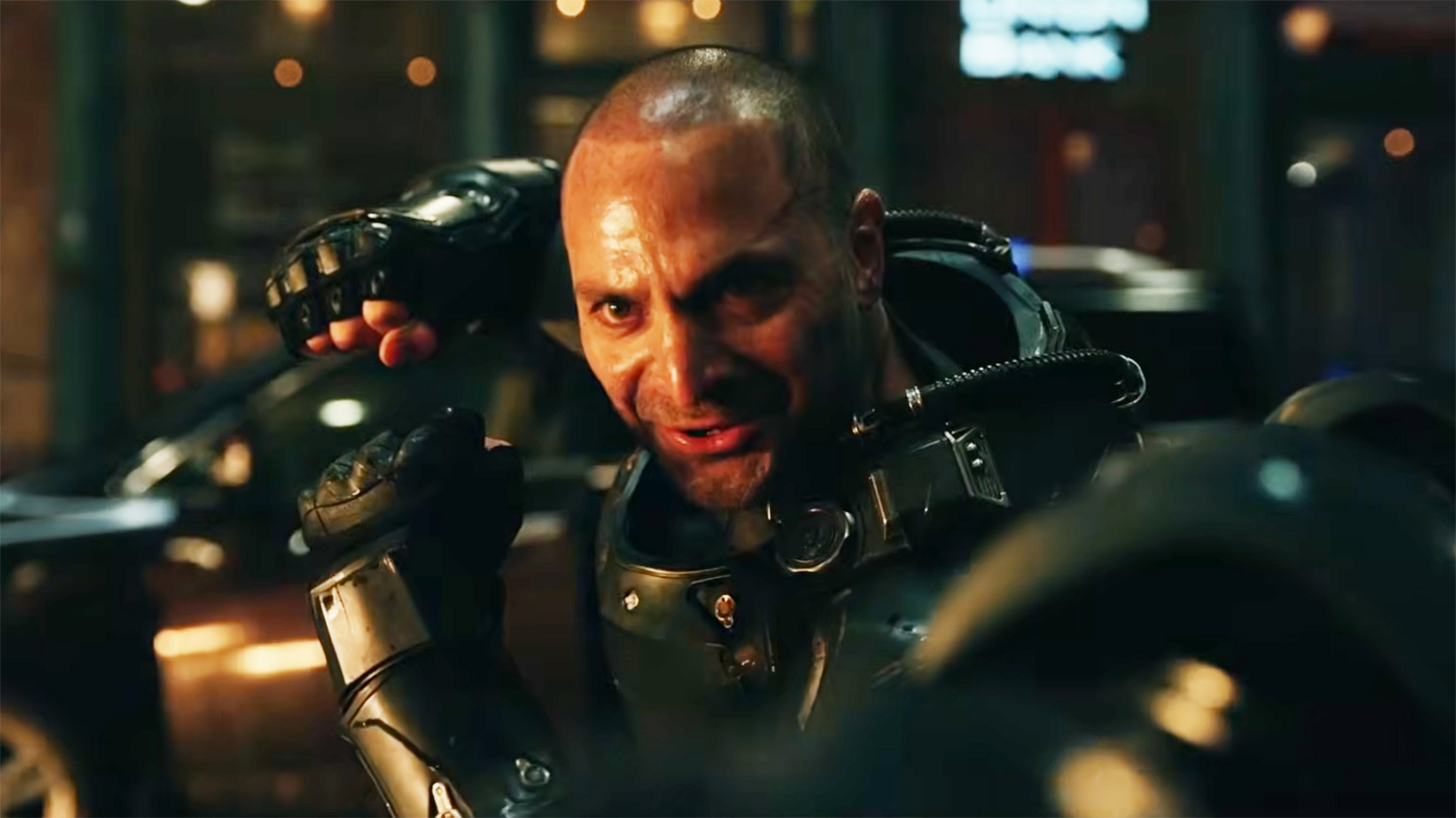 Mac Gargan/Scorpion staring at an off-camera Peter Parker at night in Spider-Man: Brand New Day