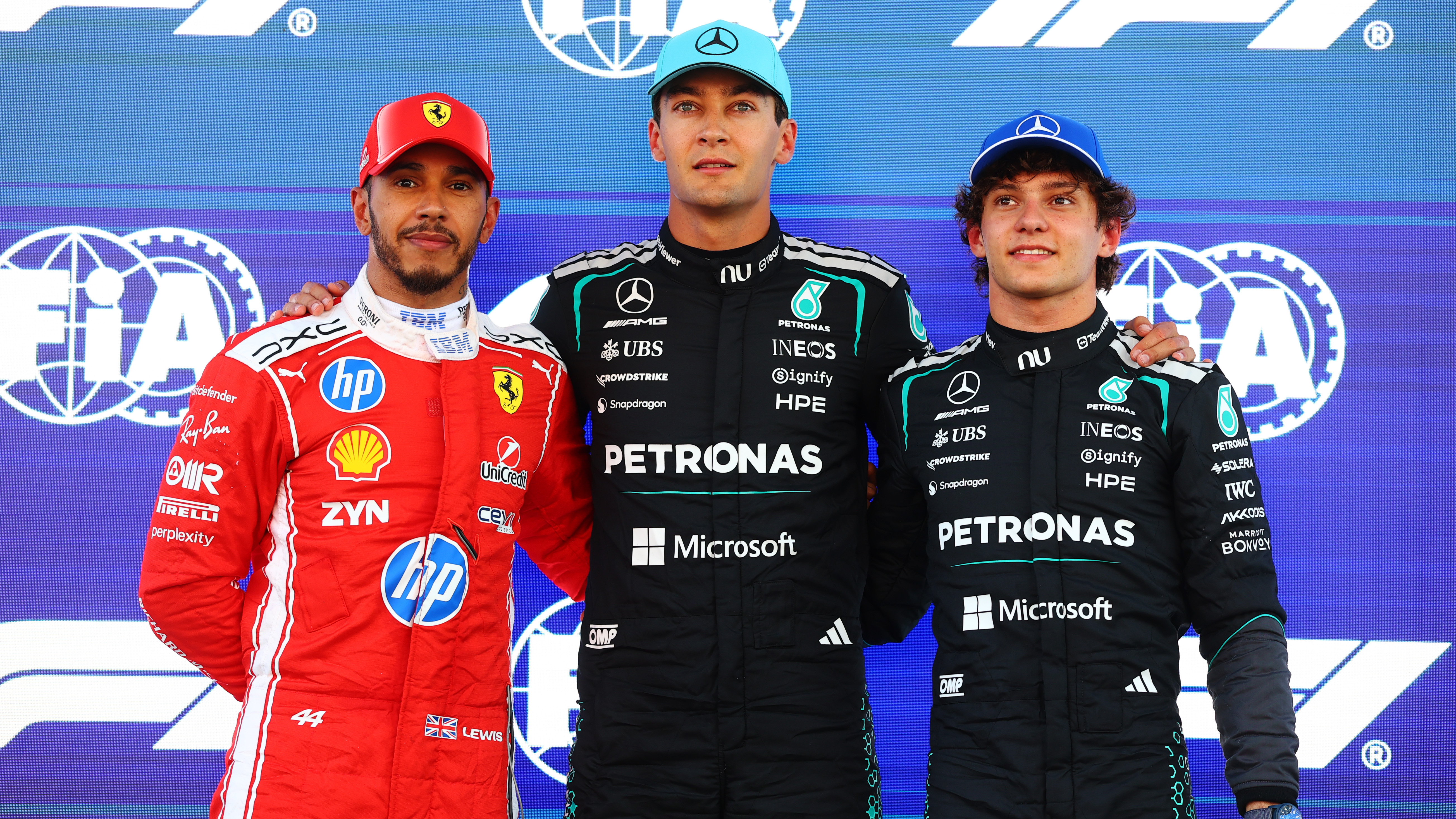 Pole position qualifier George Russell, Second placed qualifier Lewis Hamilton and Third placed qualifier Andrea Kimi Antonelli