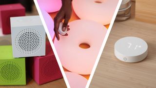 A three-split image showing three new IKEA products including a speaker, a smart lamp, and an air quality sensor