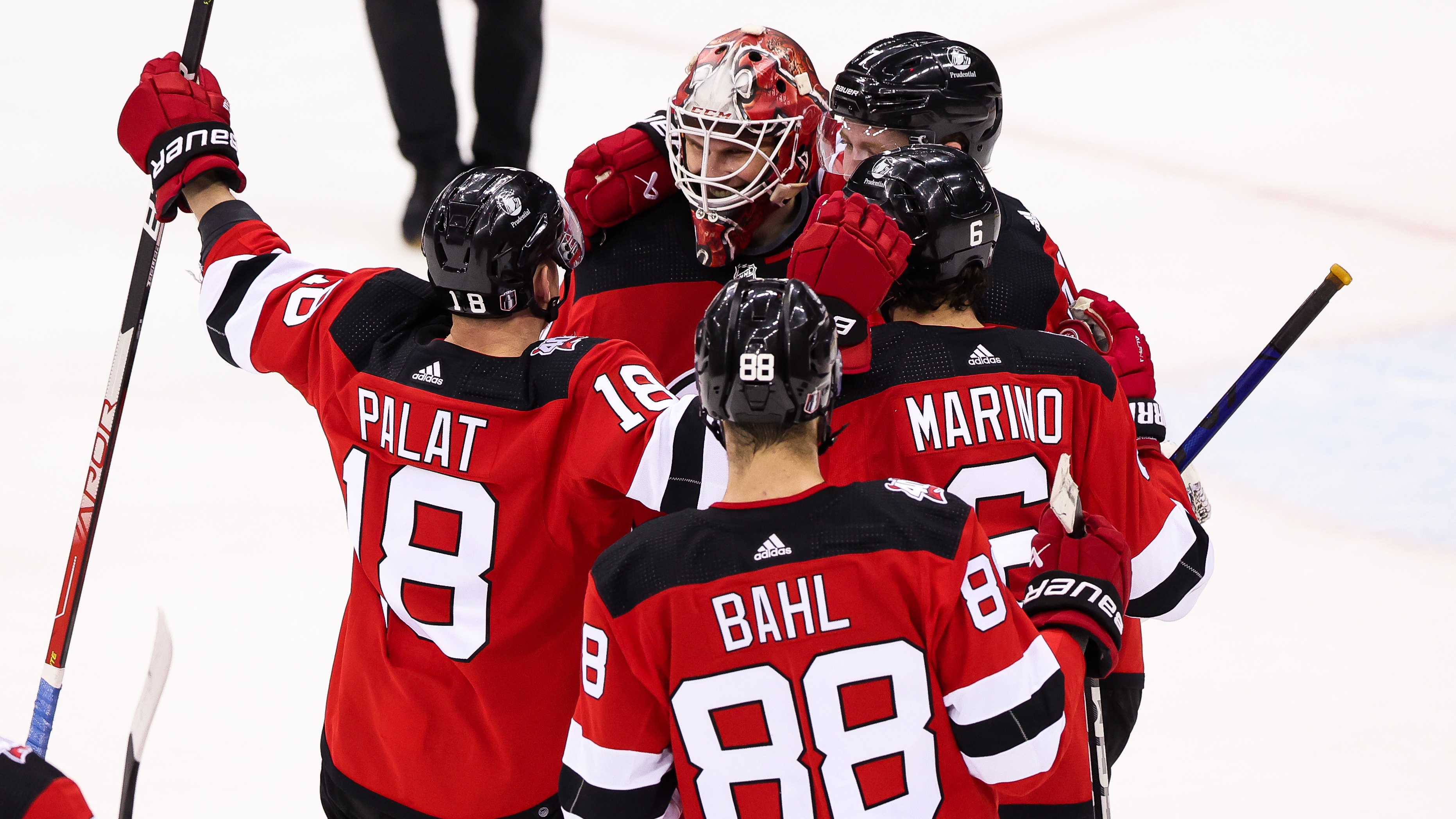 New Jersey Devils goaltender Akira Schmid (40) reacts after shutting out the New York Rangers during the National Hockey League game between the New York Rangers and the New Jersey Devils 