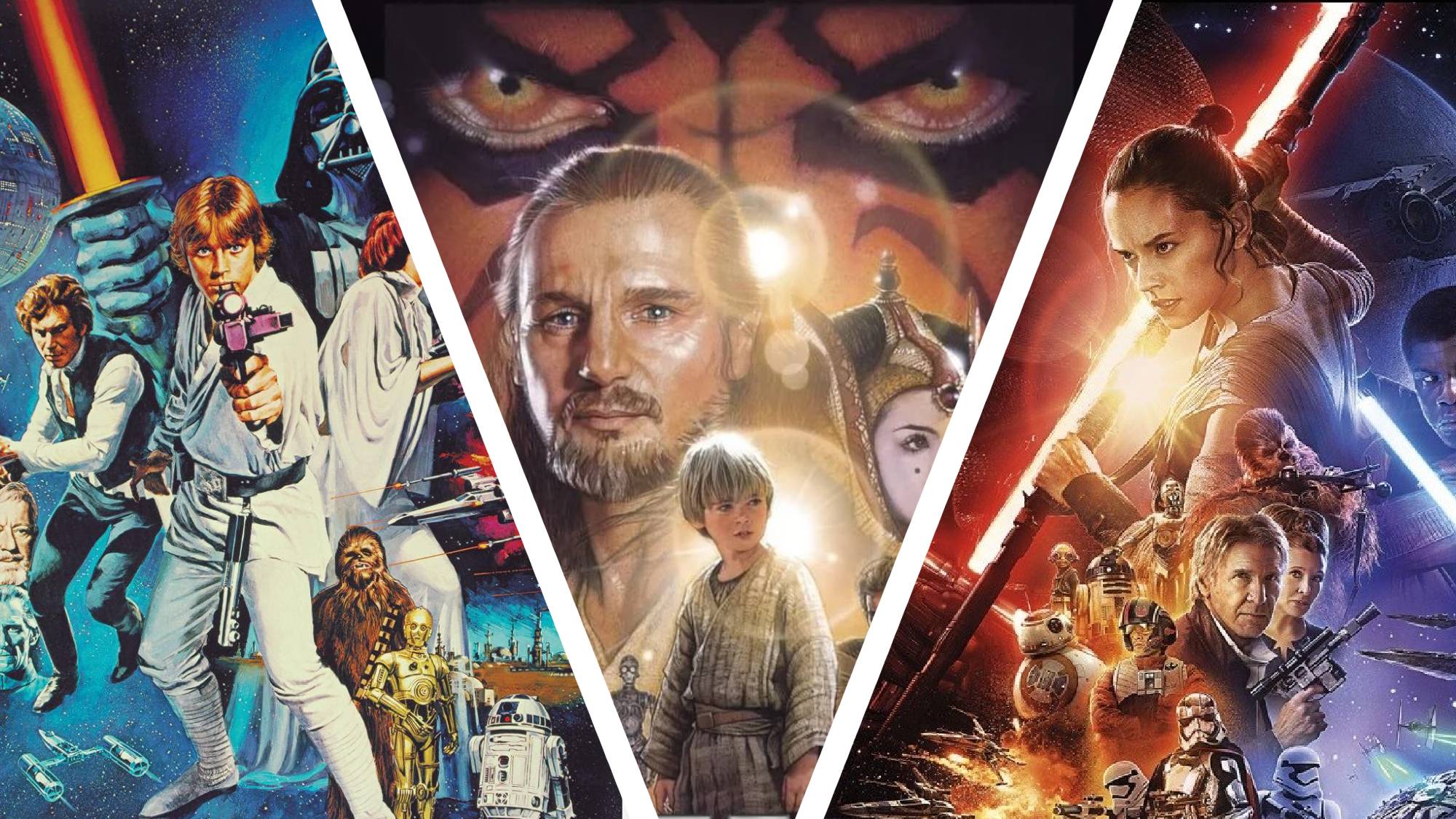 The posters of Star Wars, The Phantom Menace and The Force Awakens beside each other.