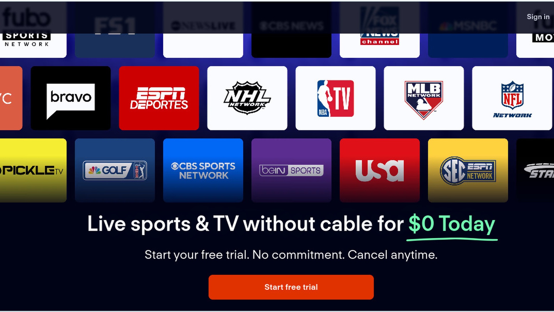 Fubo TV trial page