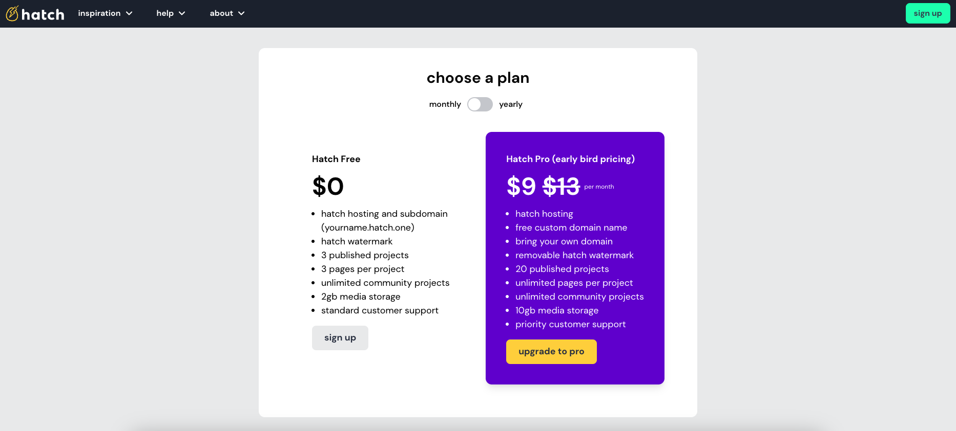 screenshot hatch website builder pricing page