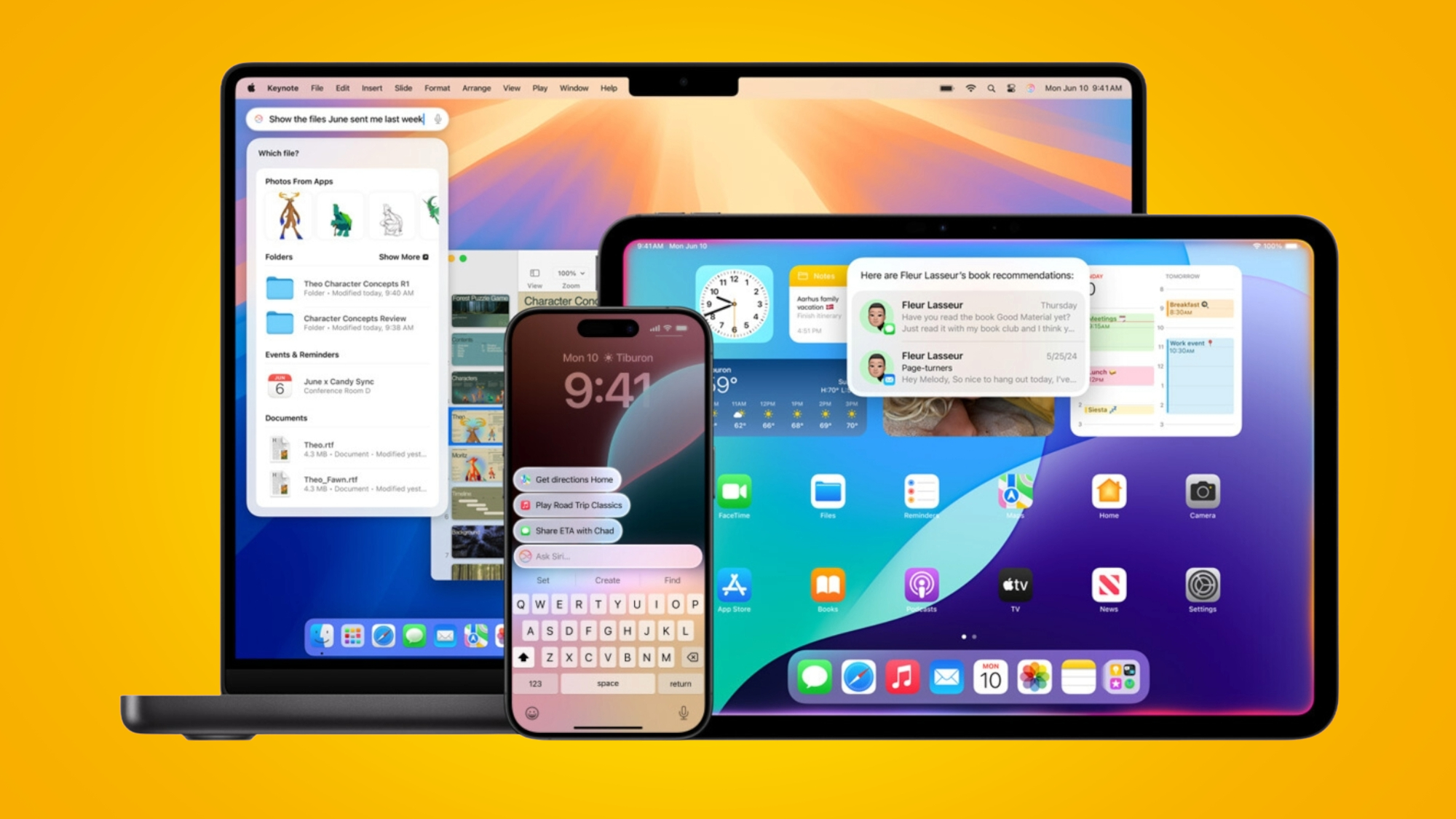 A collection of Apple products displayed on a yellow background