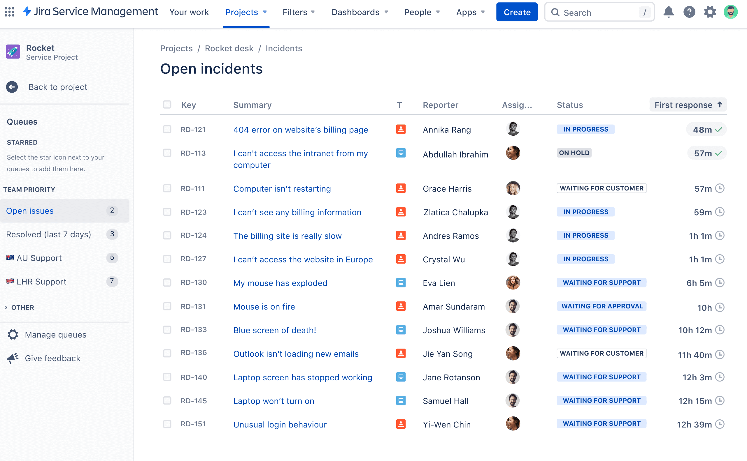 Jira Service Management interface
