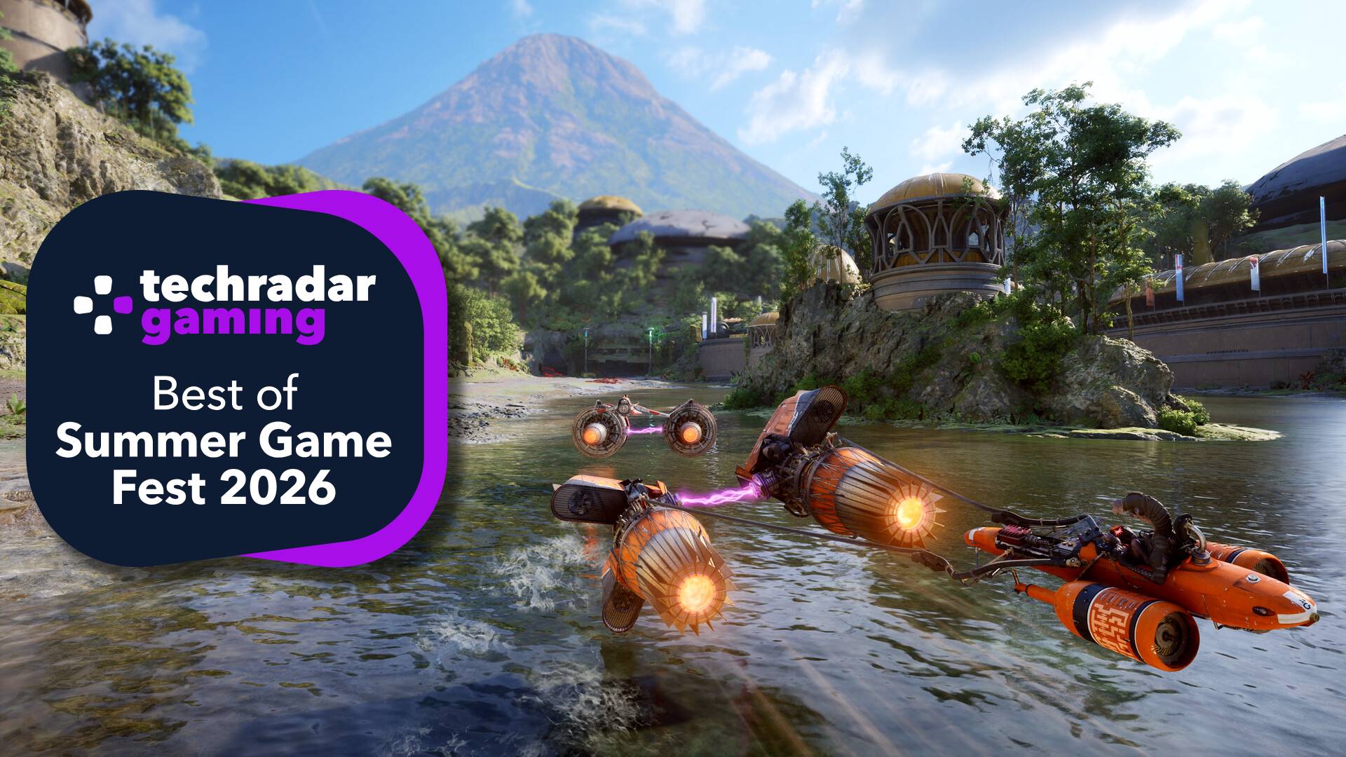 A screenshot from Star Wars: Galactic Racer showing racers speeding across water with a TechRadar Gaming Best of Summer Game Fest 2026 badge on top