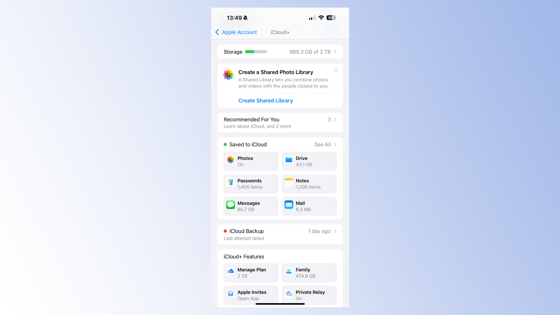 A screenshot of the iPhone settings app's iCloud settings
