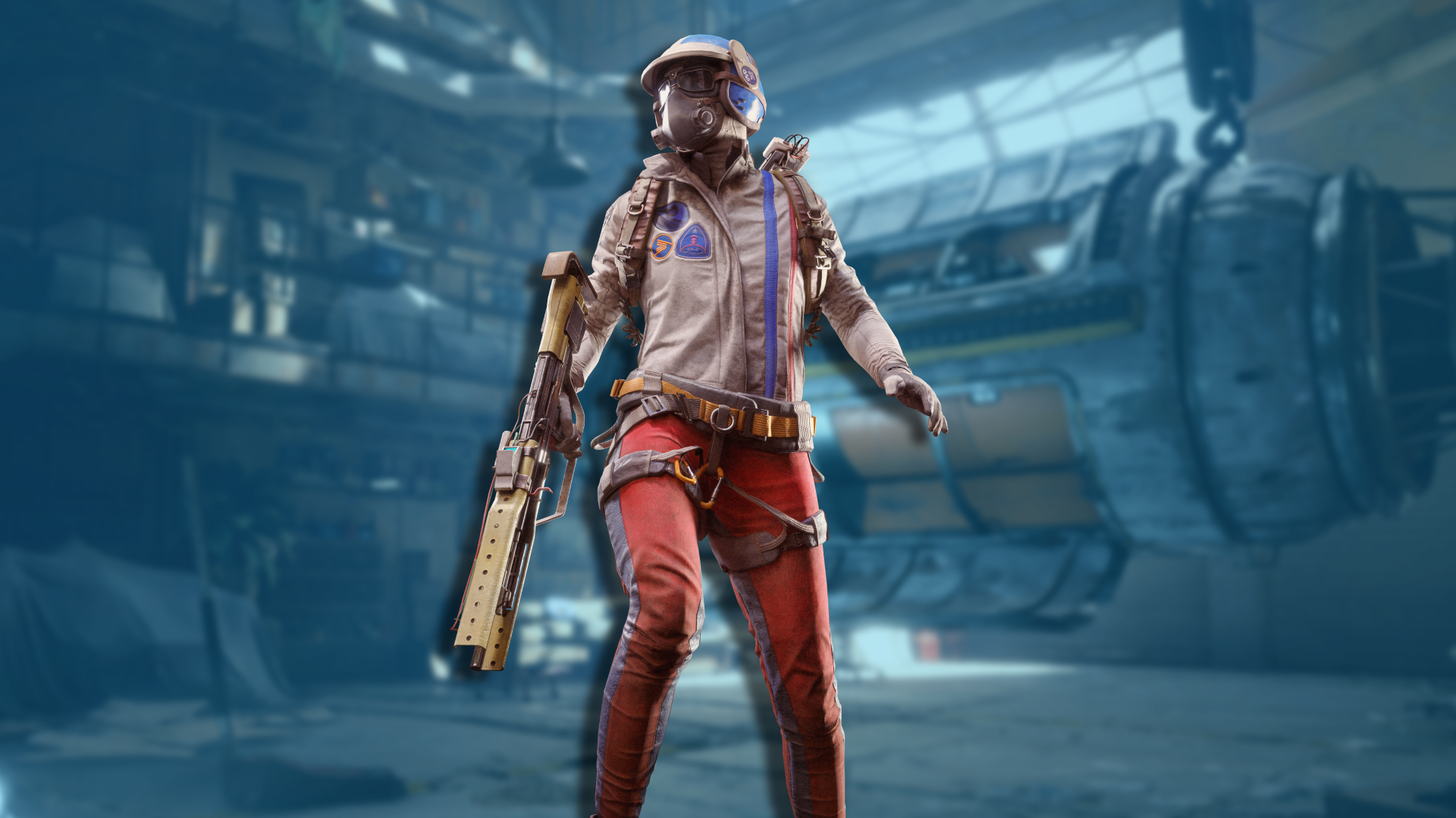 A raider wearing a white and red tracksuit stands in a blue hangar area