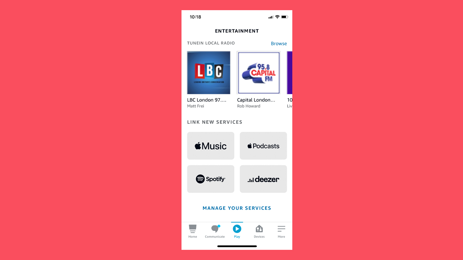 Screenshot of the music section in the Alexa app against a magenta background