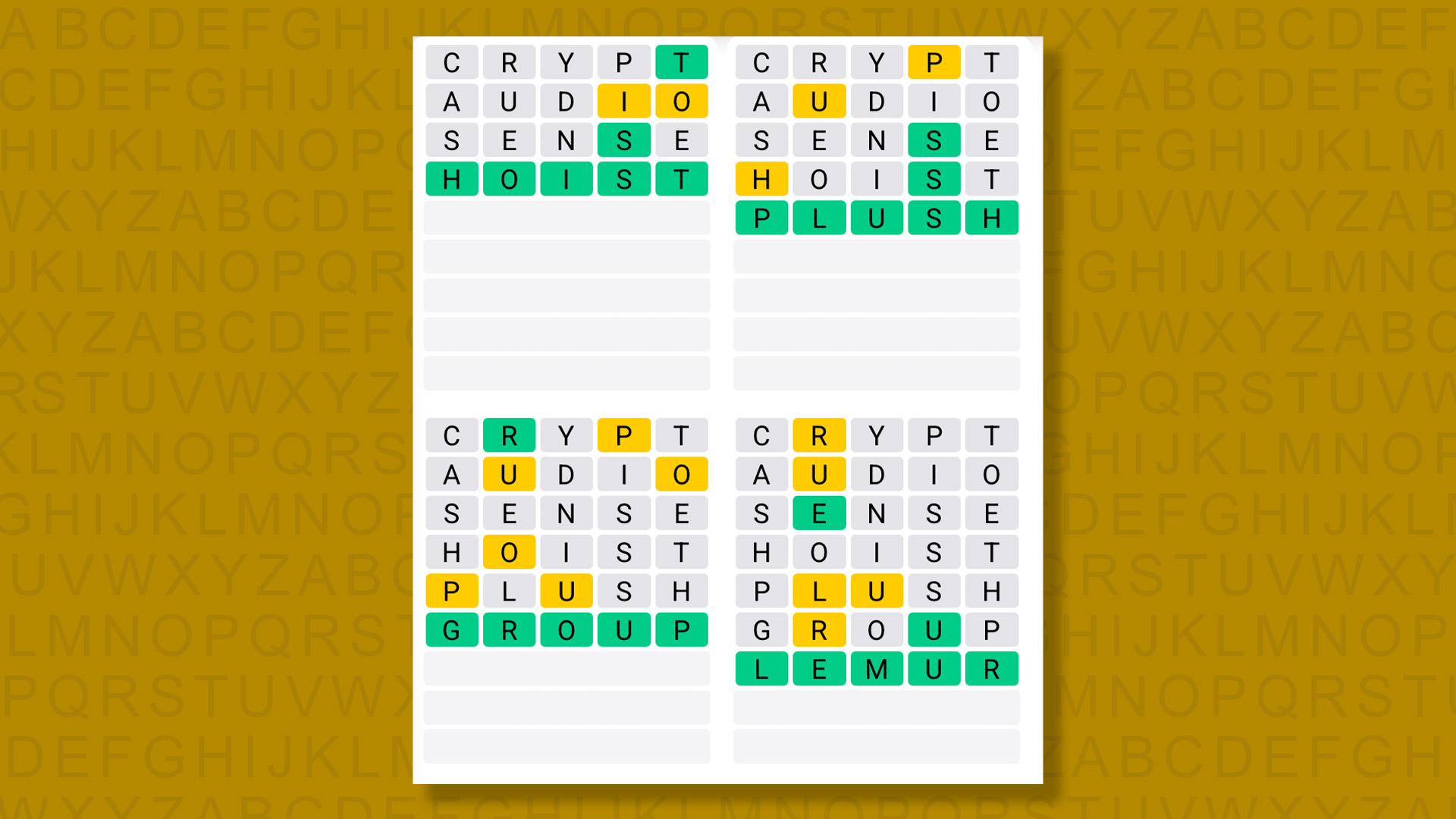 Quordle answers for game 1605 on a yellow background
