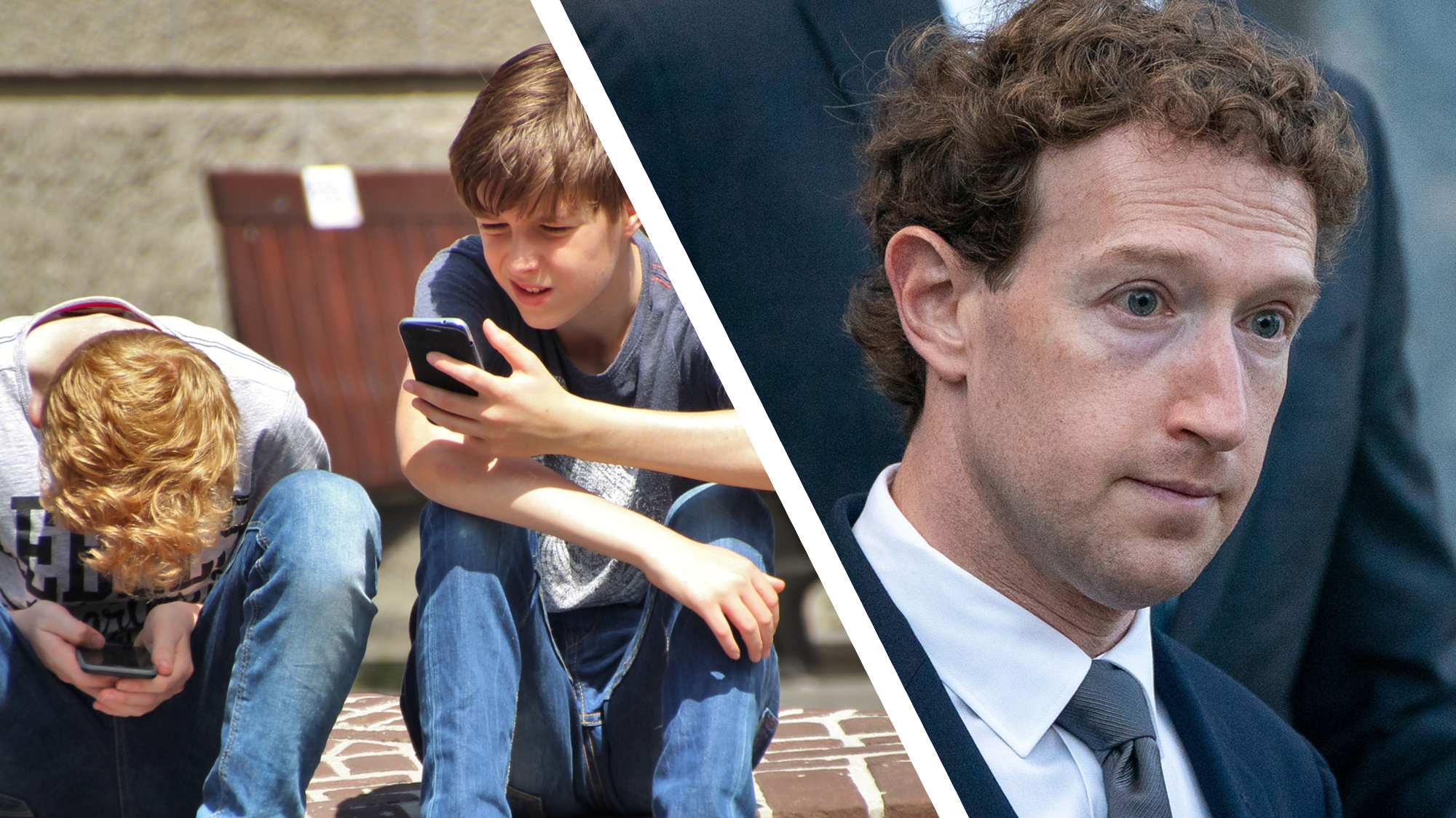 Two kids on their phones next to a photo of Mark Zuckerberg