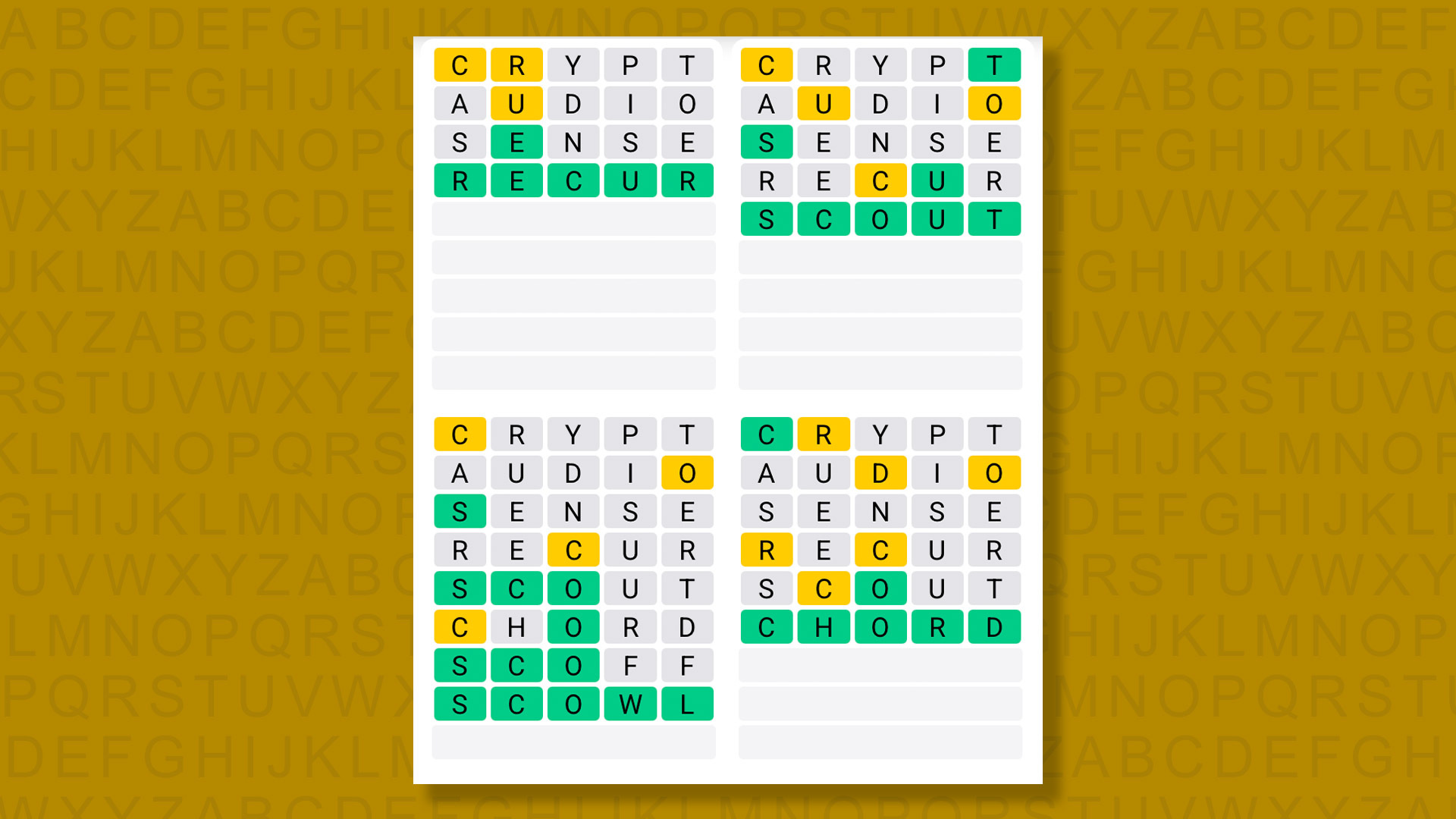 Quordle answers for game 1593 on a yellow background