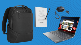 A backpack, ThinkPad, reMarkable 2 tablet, and Anker Soundcore P20i earbuds on a blue background in front of a TechRadar radar symbol