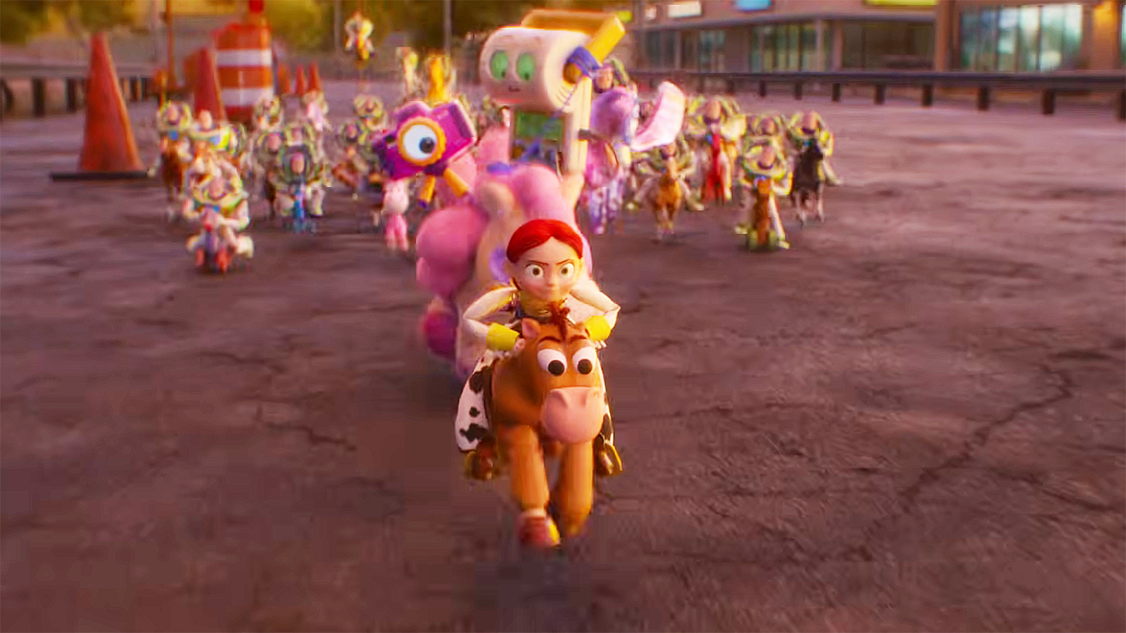 Jessie riding Bullseye on an open road with a bunch of Buzz Lightyears behind her in Toy Story 5