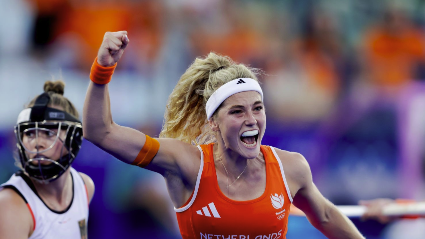 Yibbi Jansen of Holland Women celebrates ahead of the Netherlands vs China women&rsquo;s hockey final at Olympics 2024