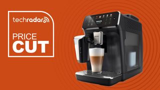 Philips LatteGo 4400 Series fully automatic coffee machine on an orange background with "Price Cut" text in white.