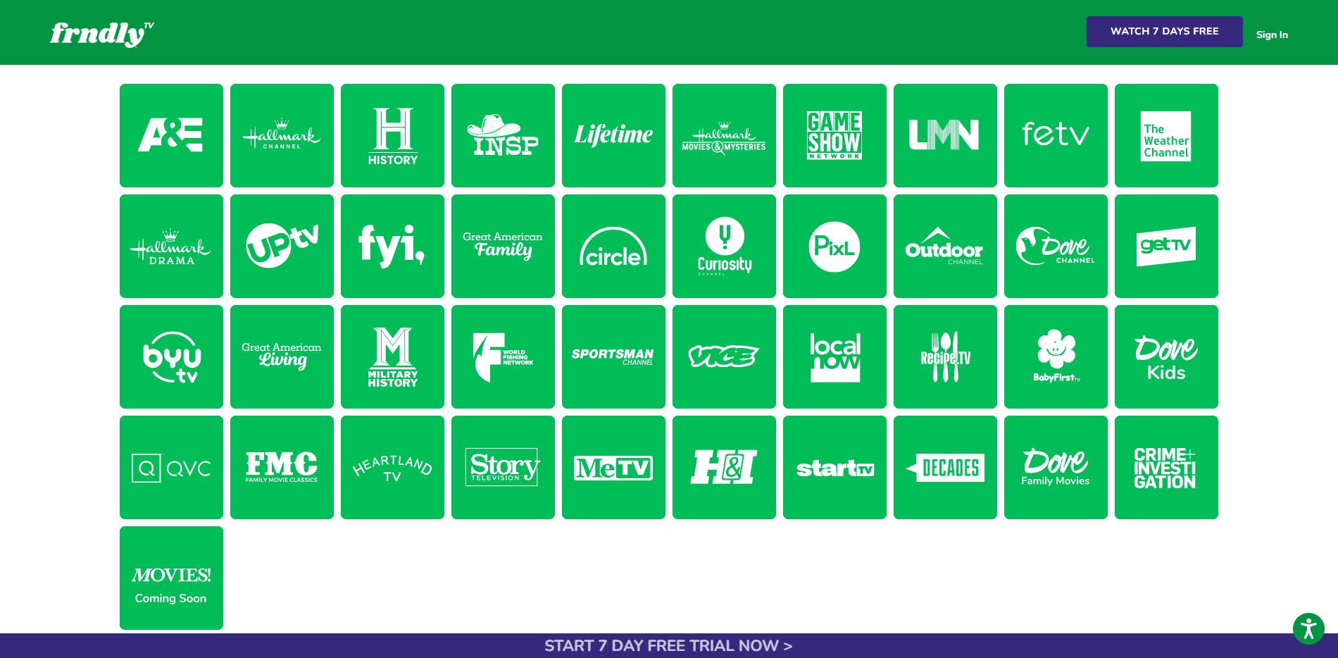 Frndly TV's roster of channels