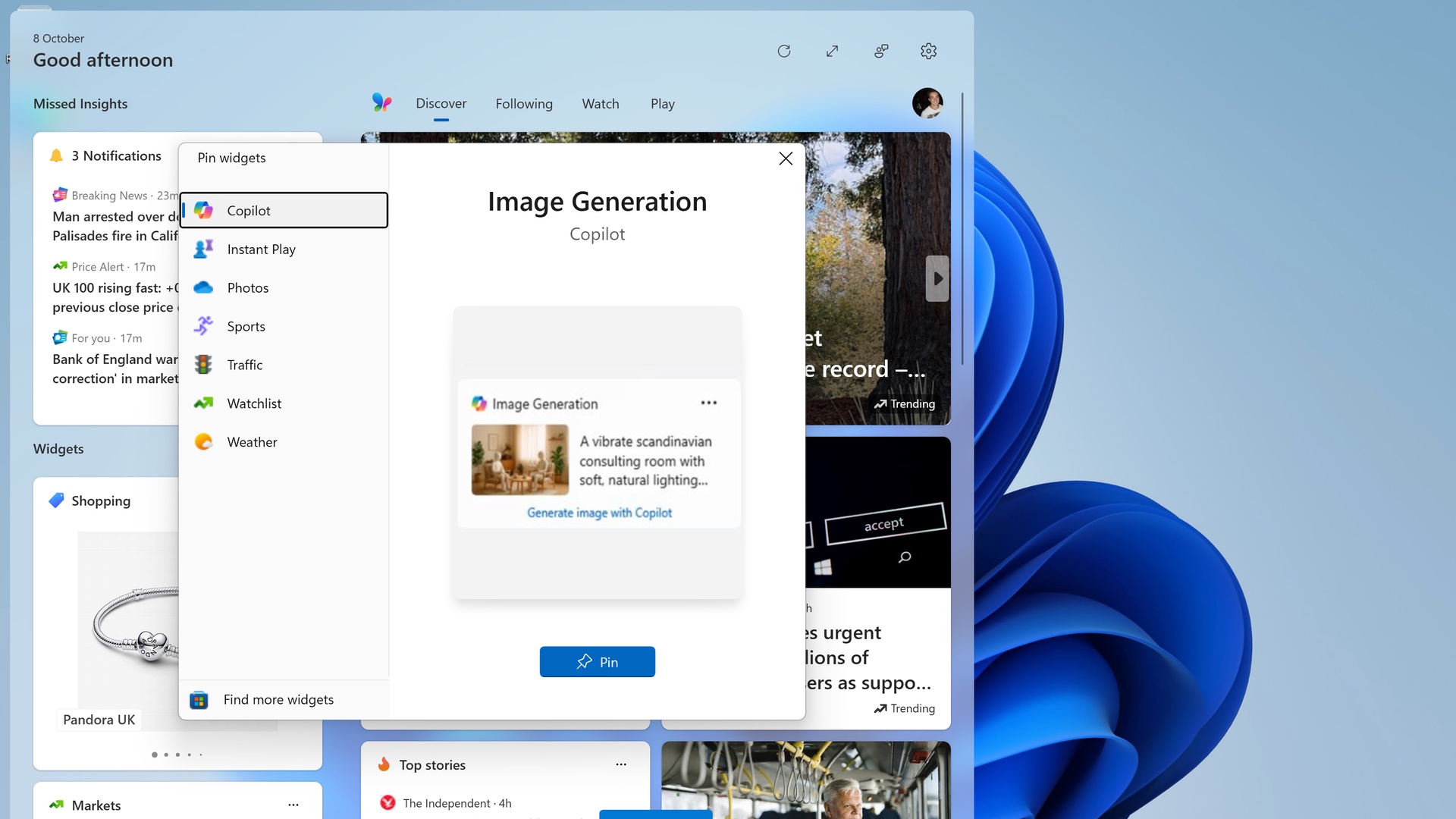 Screenshot showing Windows 11's widget menu