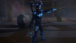 A screenshot of Blue Beetle in the first trailer for his DC movie