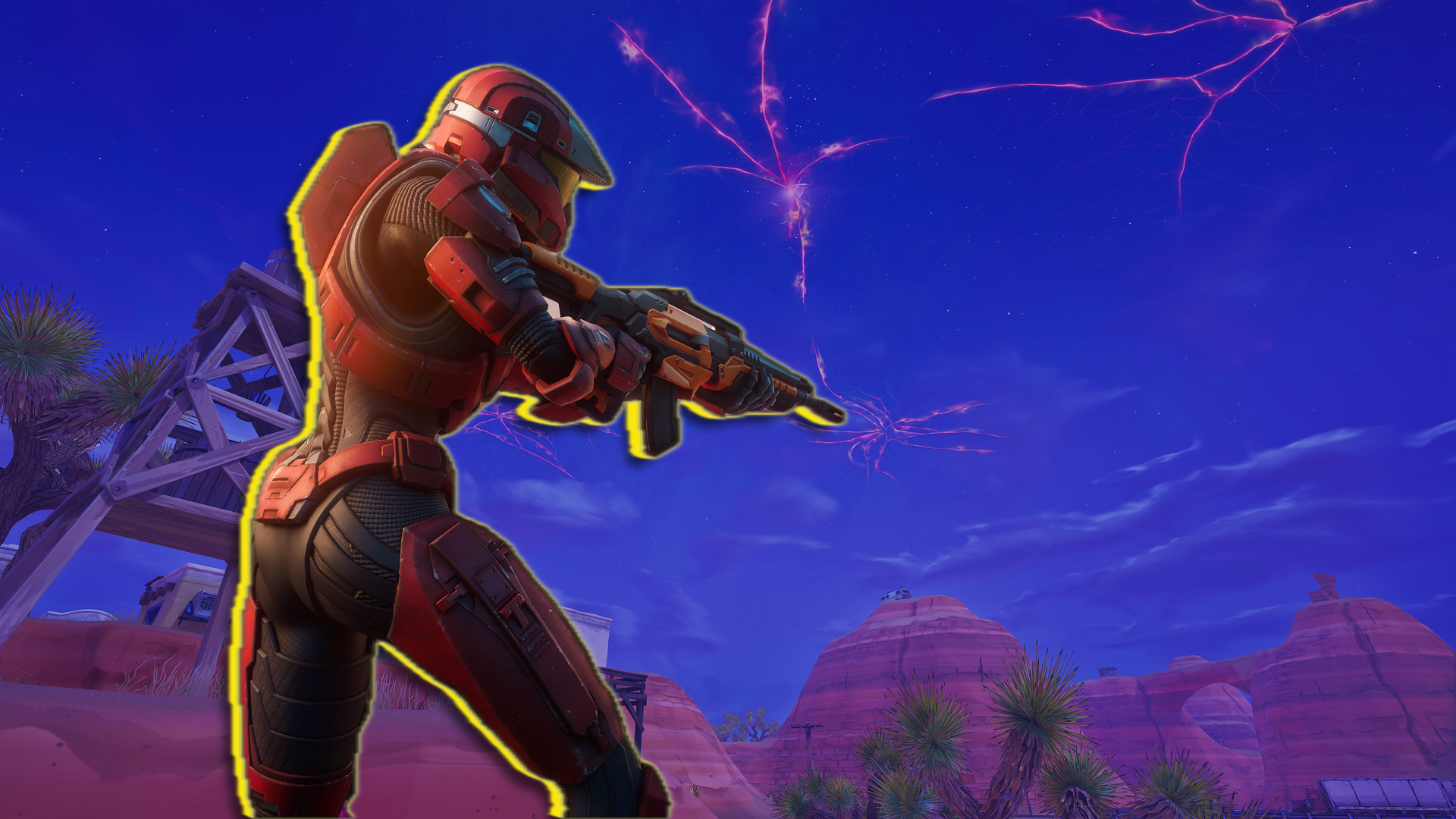 A Halo Spartan in red armor in front of a canyon. A red rift is seen in the sky