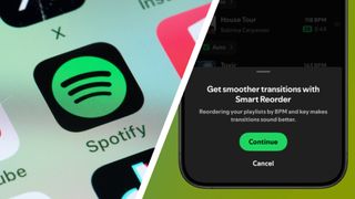 A close up of the Spotify app icon next to a smartphone showing the new Smart Reorder tool