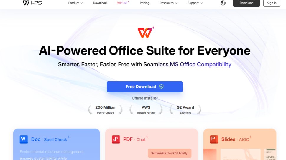 Website screenshot of WPS Office Free Writer (January, 2026)