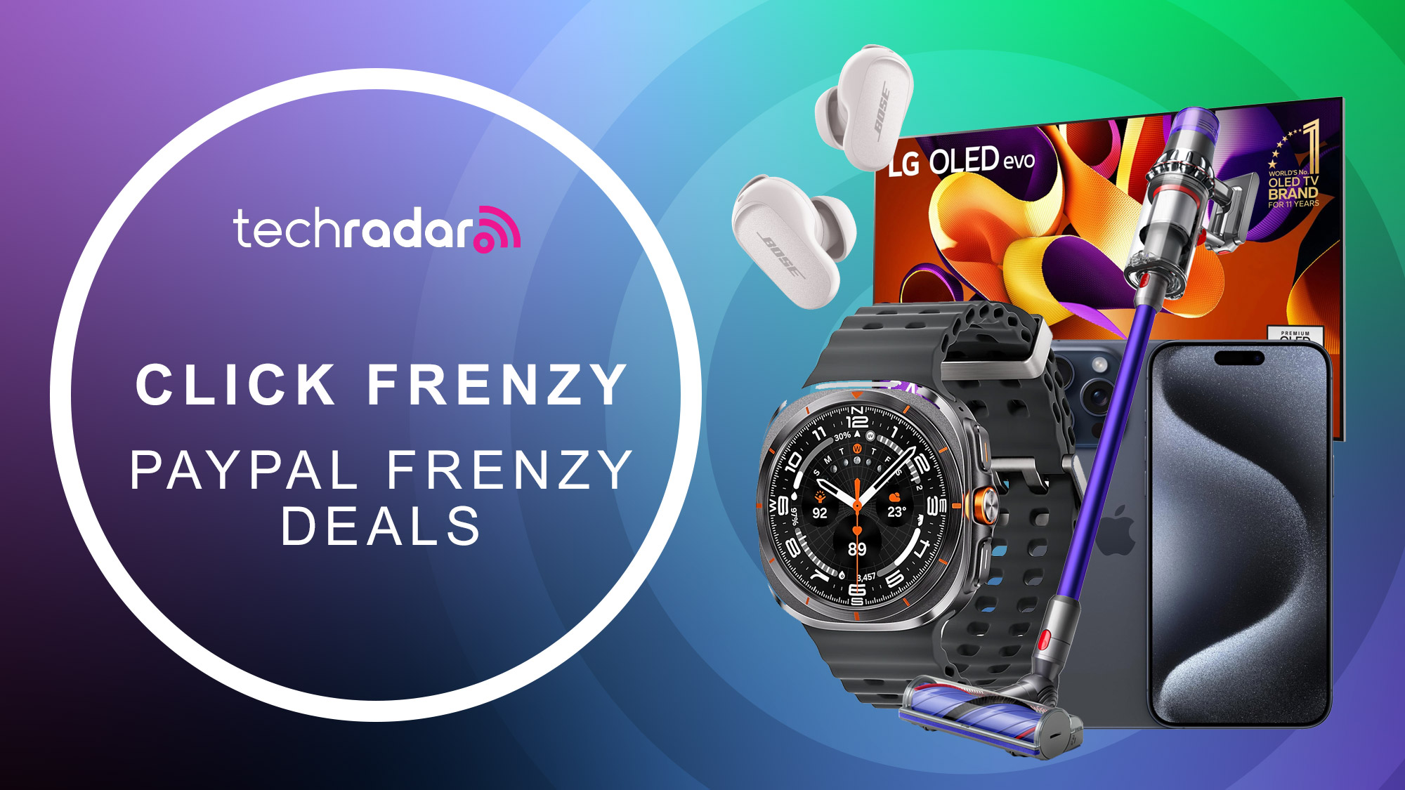 Assortment of tech on a gradient coloured background with Click Frenzy PayPal Frenzy Deals text in white, beneath the TechRadar logo.