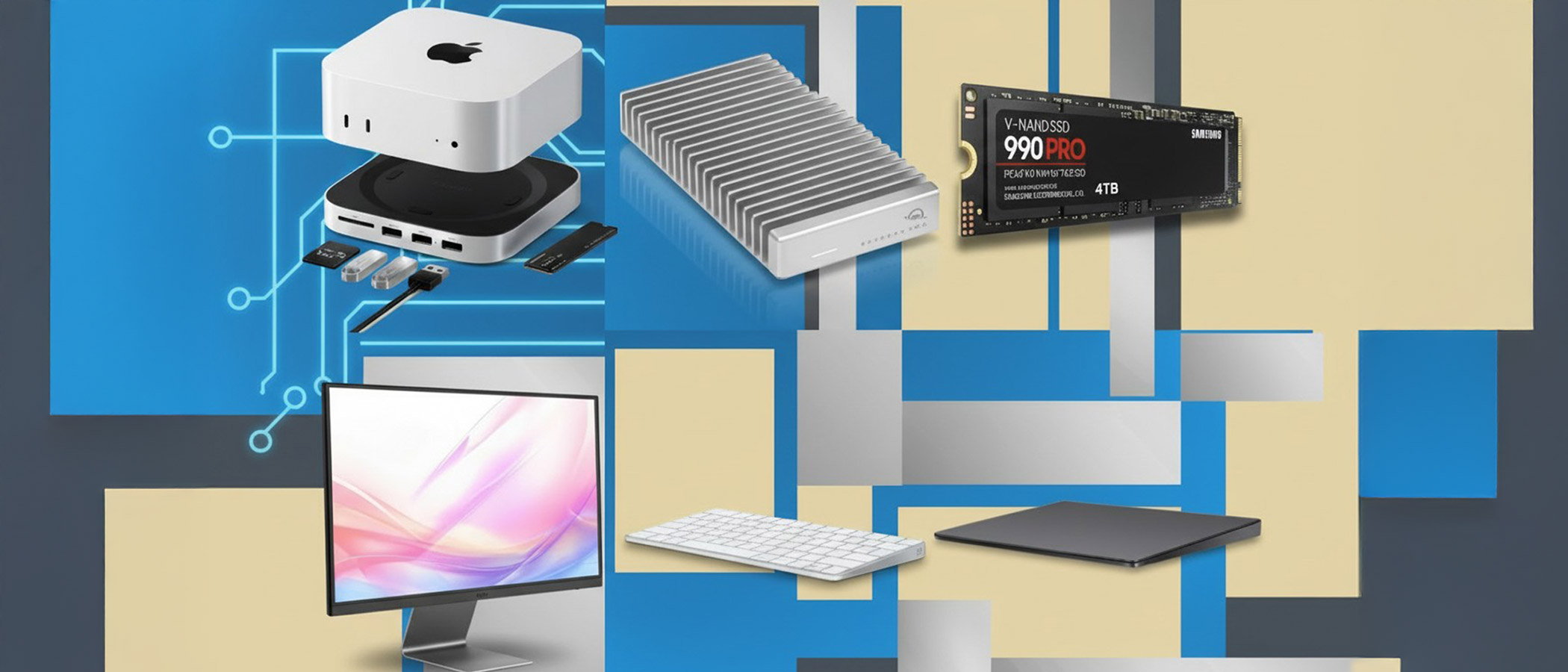 Mac mini M4, Mac mini M4 Satechi dock, OWC SSD enclosure, Samsung 990 Pro SSD, MSI Modern monitor, Apply Magic Keyboard and Magic Trackpad 2 on a blue and yellow geometric background with circuit board motif