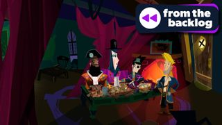 A screenshot from Return to Monkey Island showing the crew together in the ship with TechRadar Gaming's 'From the Backlog' badge in the top right hand corner