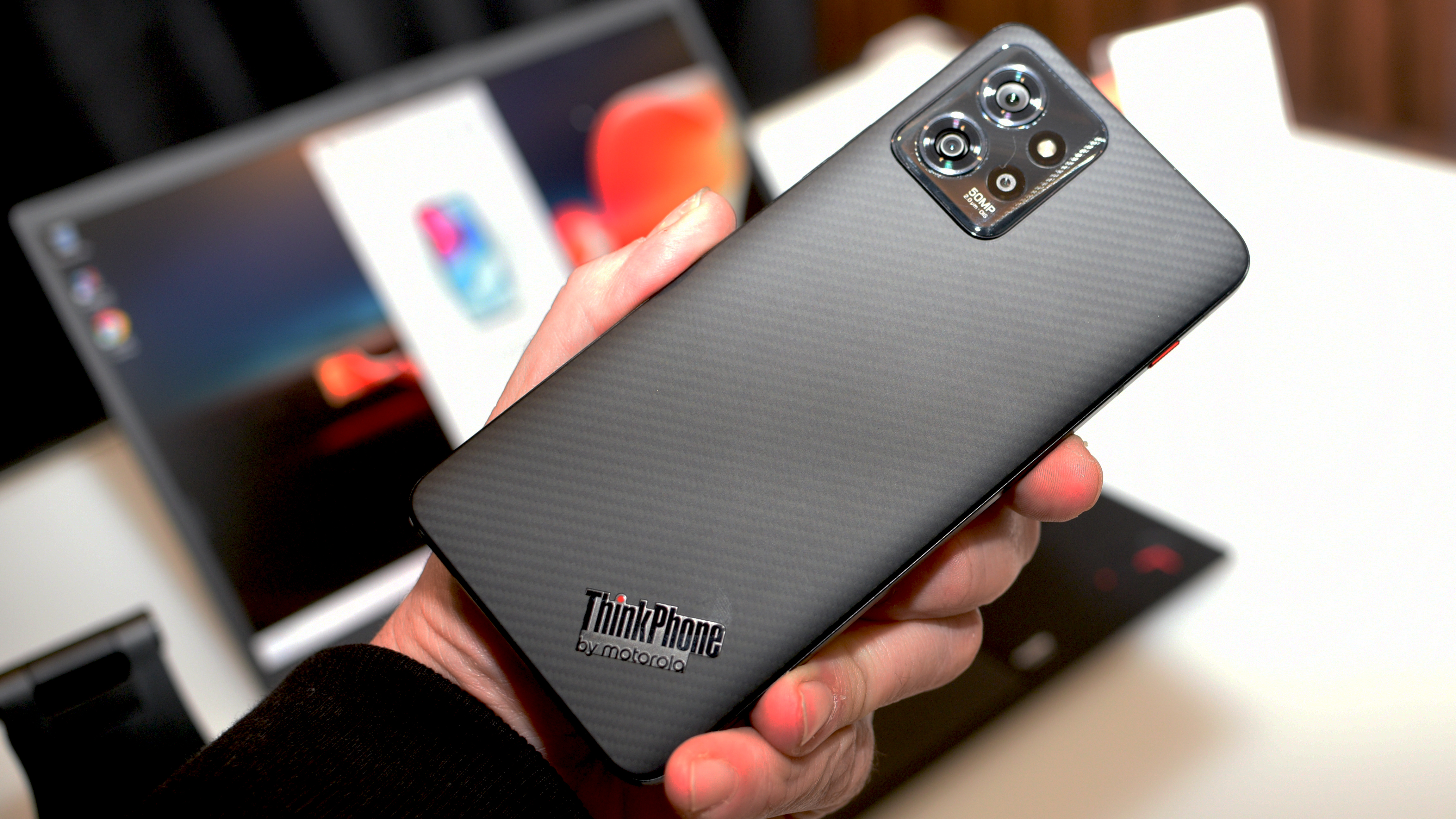 Lenovo ThinkPhone by Motorola back showing aramid fiber cover