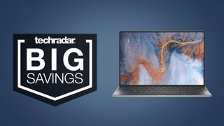Dell XPS 13 laptop on dark blue background