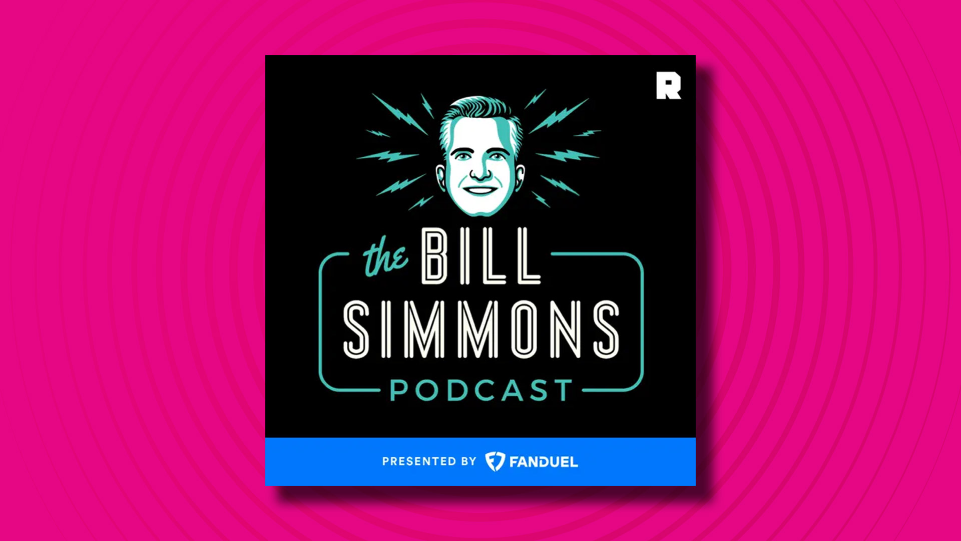 The logo of the Bill Simmons podcast on a pink background
