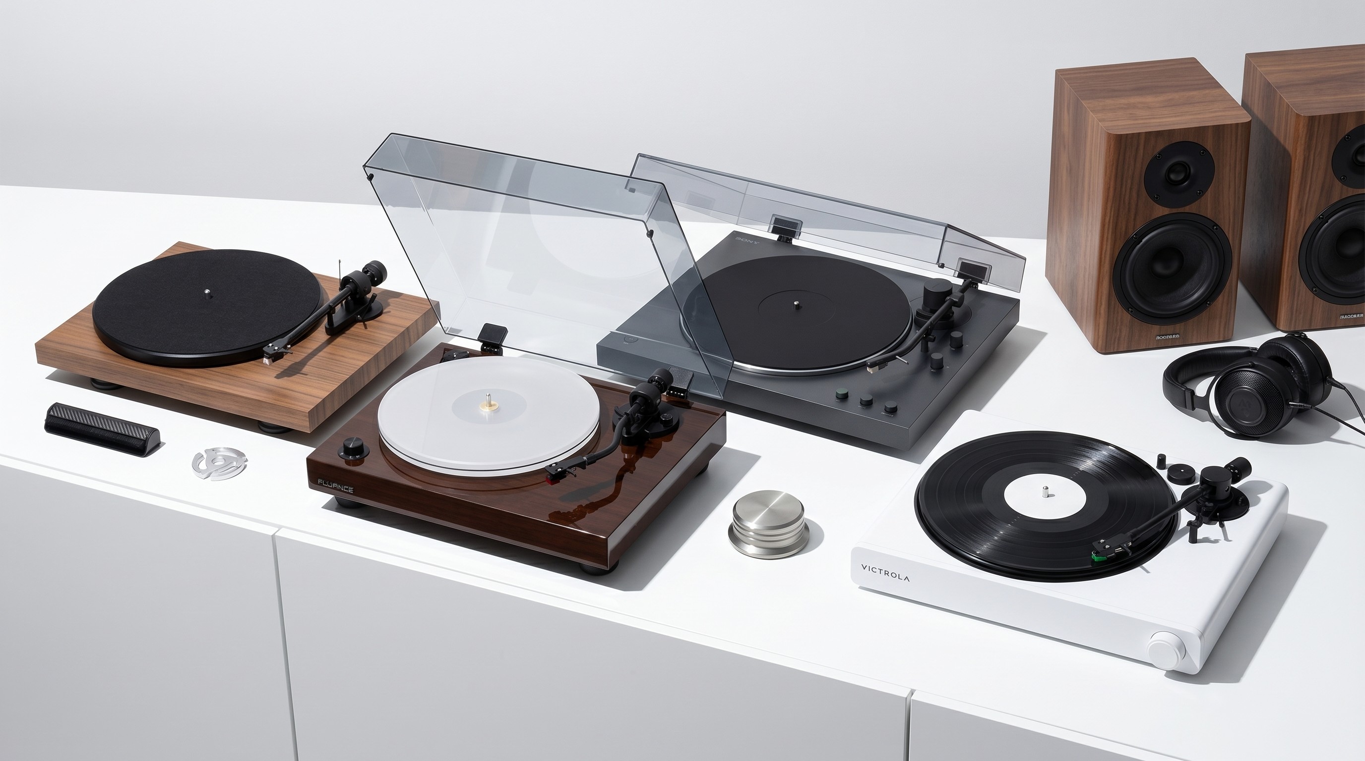A collection of four turntables on a white background