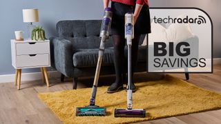 Person holding two cordless Shark vacuums, with Big savings graphic overlaid