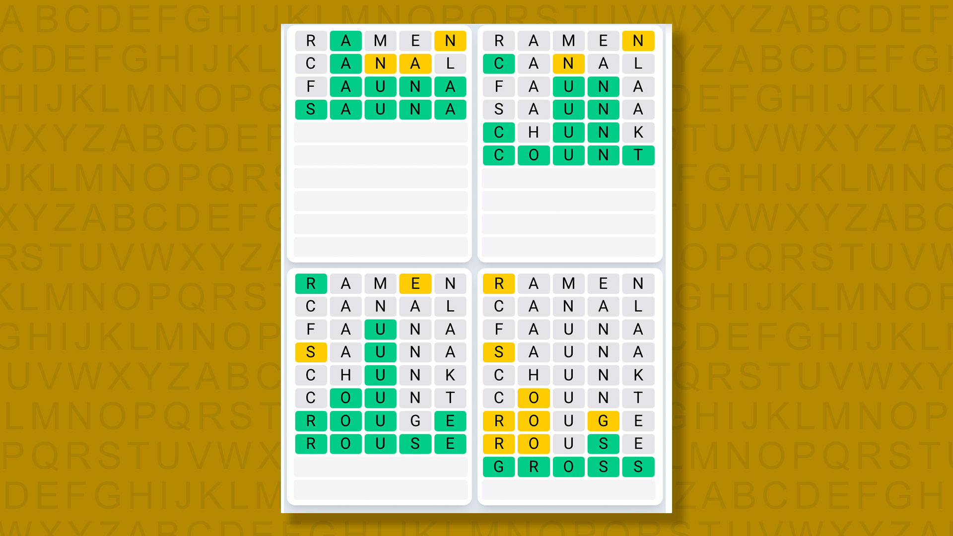 Quordle Daily Sequence answers for game 1572 on a yellow background
