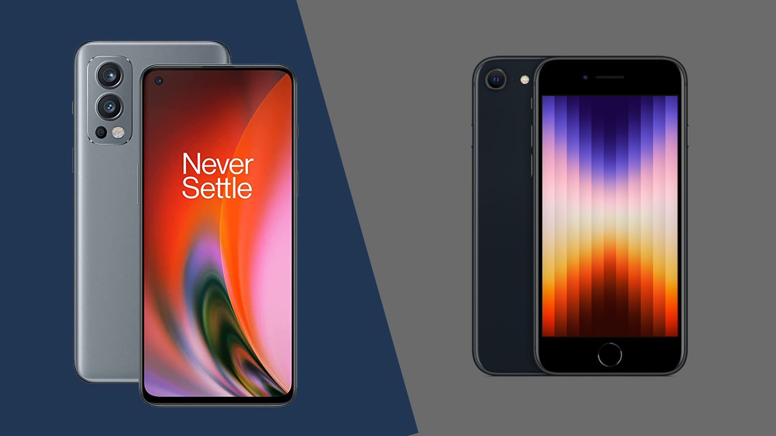 A OnePlus Nord 2 against a blue background and an iPhone SE (2022) against a grey one