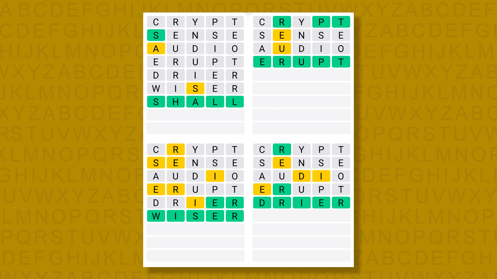 Quordle answers for game 1566 on a yellow background