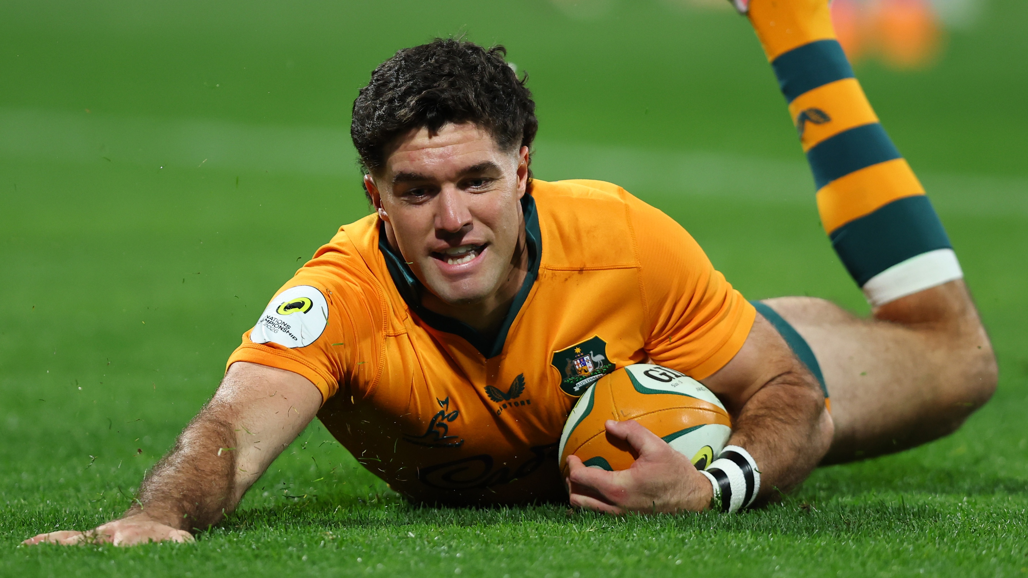 Ben Donaldson of the Wallabies scores a try during the Nations Championship match between Australia Wallabies and Italy at HBF Park on July 18, 2026 in Perth, Australia
