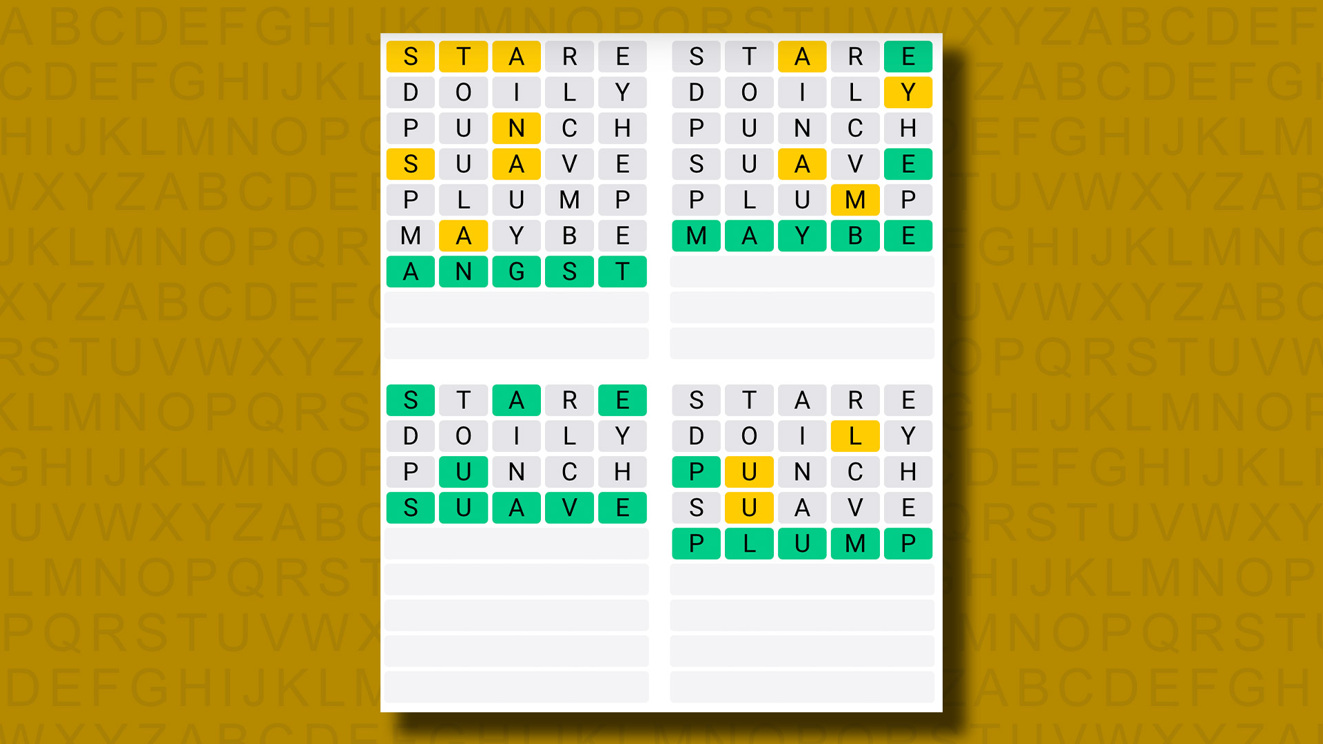 Quordle answers for game 868 on a yellow background