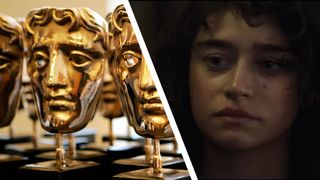 A photo of BAFTA award statues next to a still of Odessa A'zion in Marty Supreme 