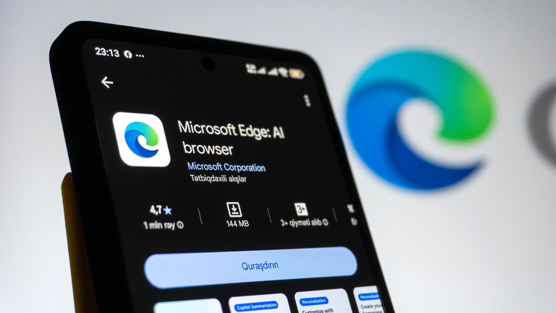 A smartphone showing an App Store page for the Microsoft Edge web browser.