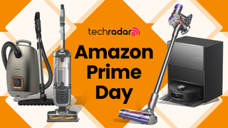 A collection of different vacuums on an orange background with the TechRadar logo for Amazon Prime Day