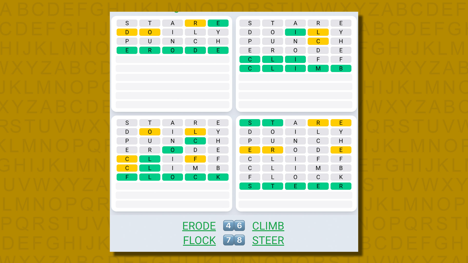 Quordle daily sequence answers for game 592 on a yellow background