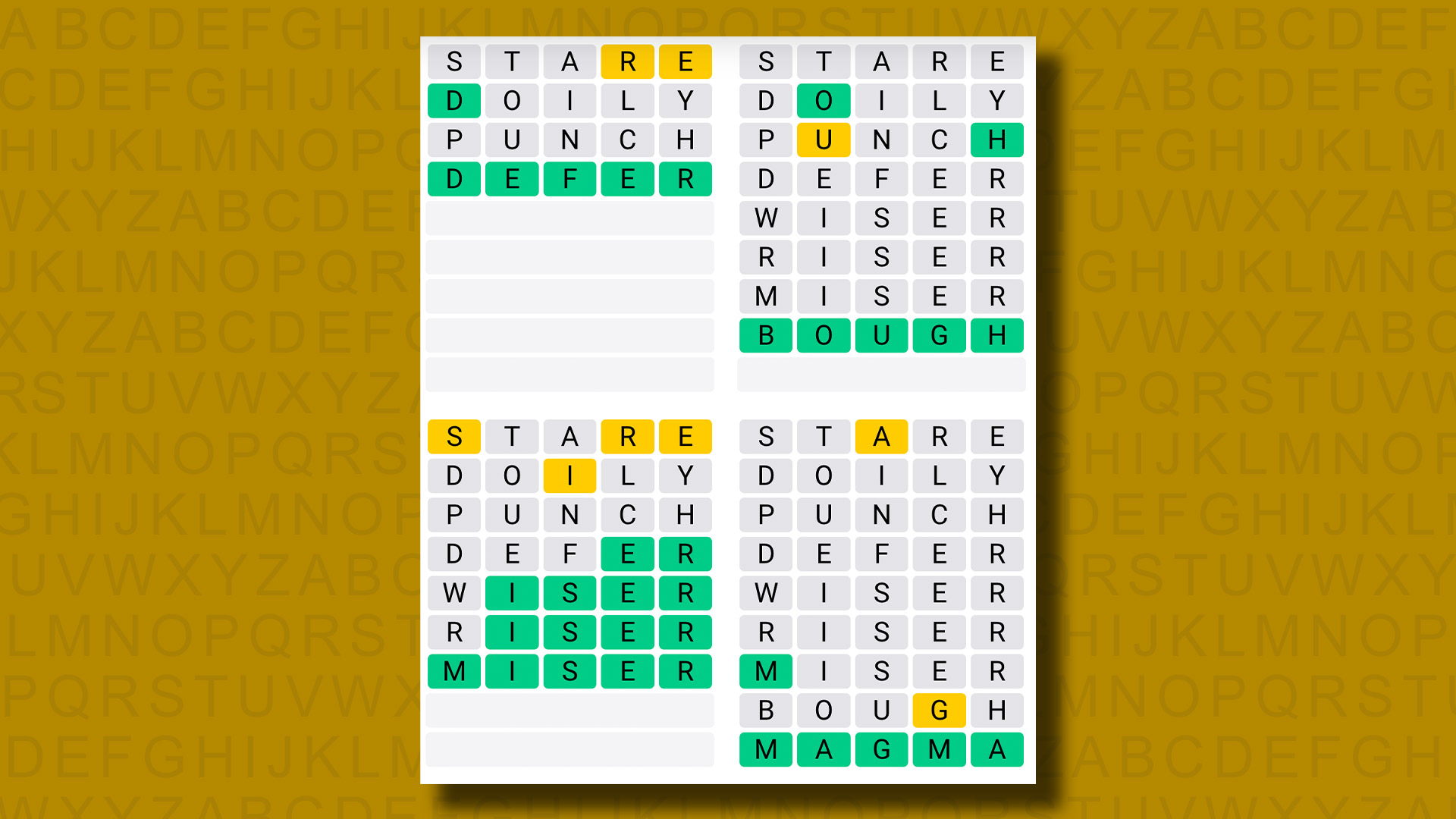 Quordle answers for game 834 on a yellow background