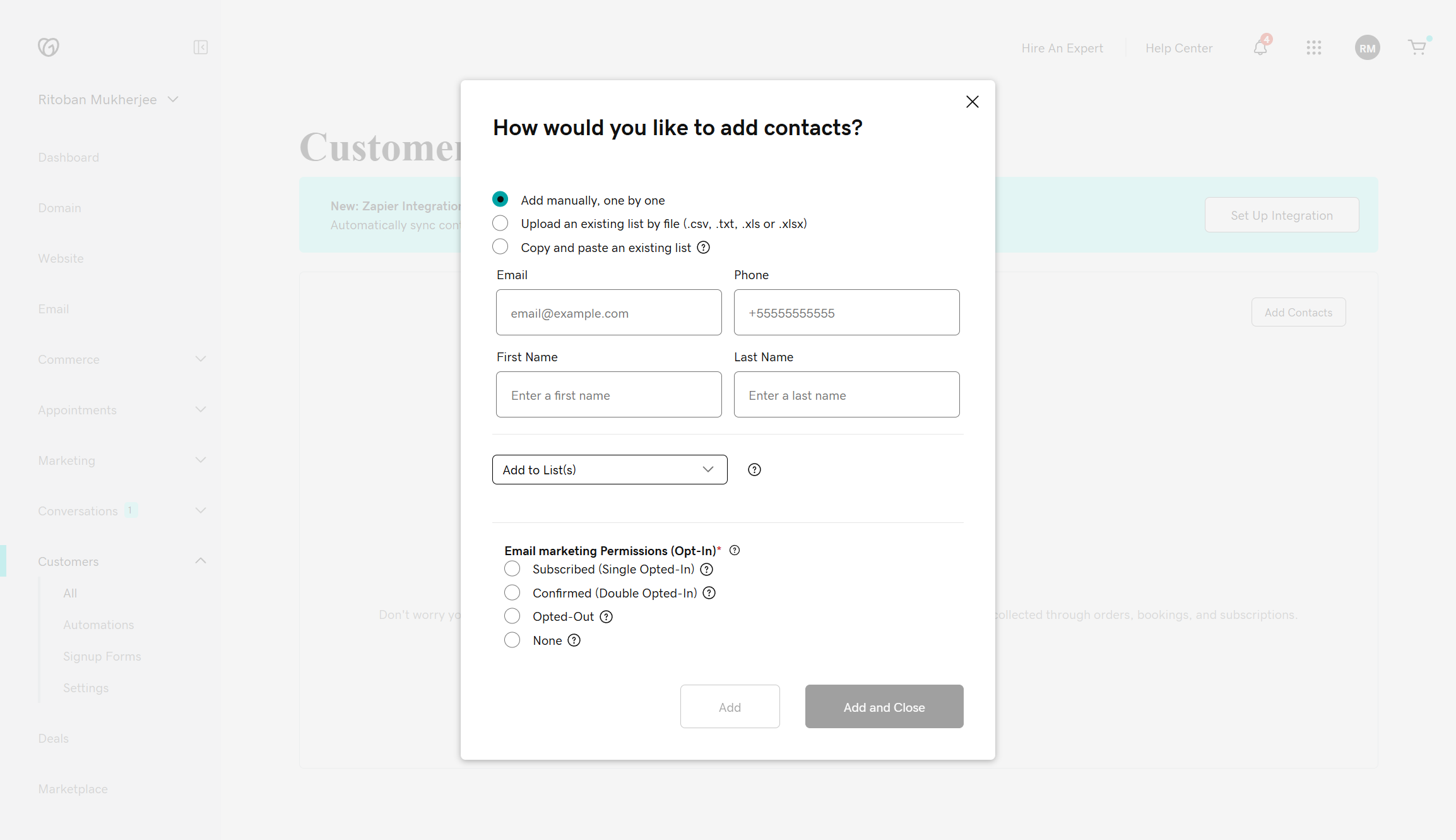 Screenshot of GoDaddy's built in CRM with a form to input customer information.